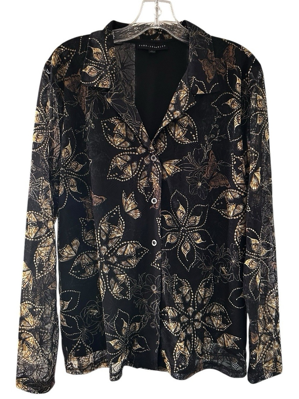 Jane + Delancey Black Lace Overlay Butterfly Floral Button Up Blouse Large NWOT